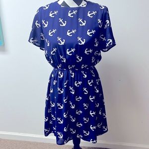 Everly blue and white nautical themed short sleeve with elastic waist dress